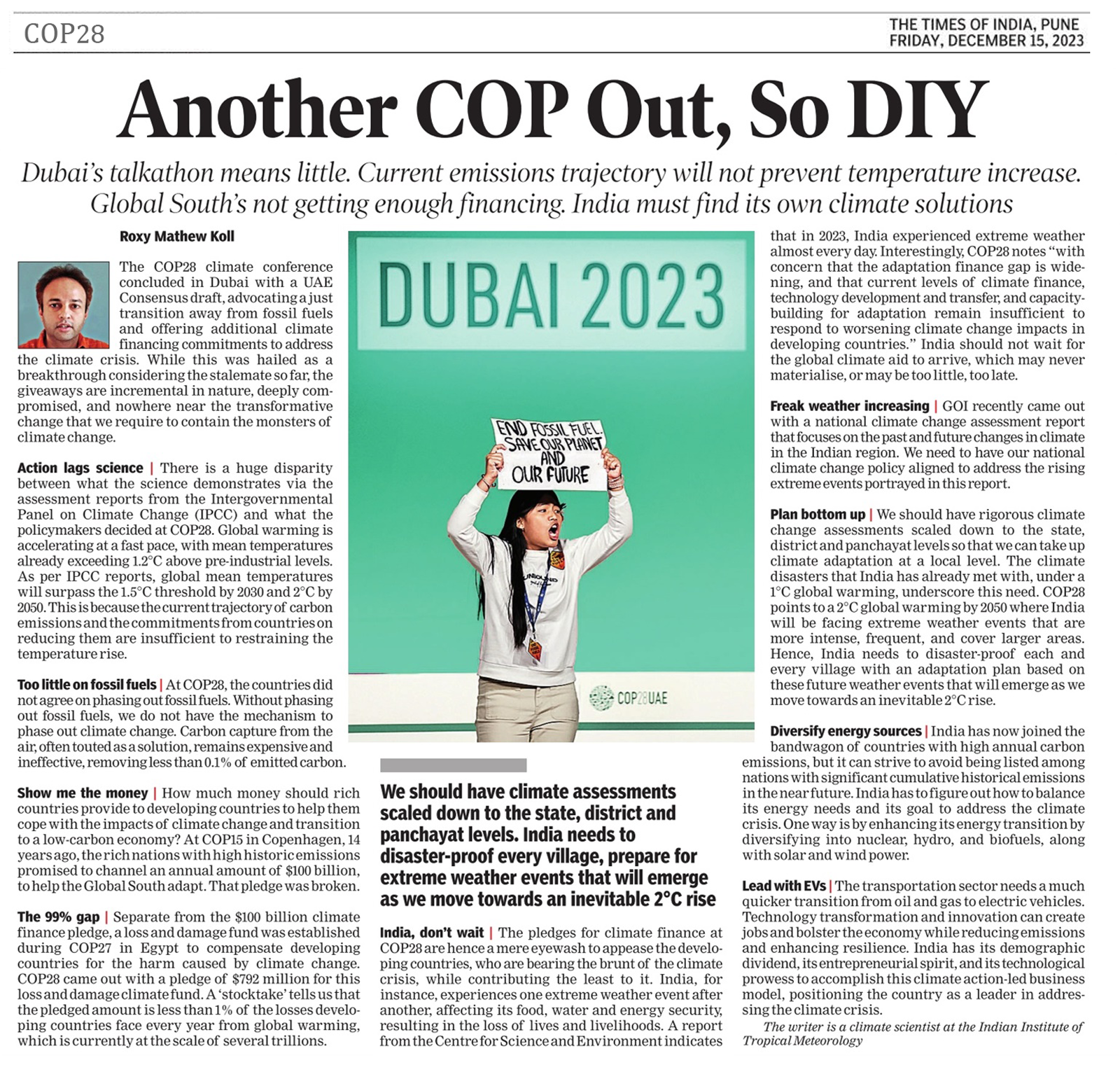 COP28: The Gulf between Climate Commitments and Reality, Editorial by Roxy Mathew Koll. Times of India News December 2023