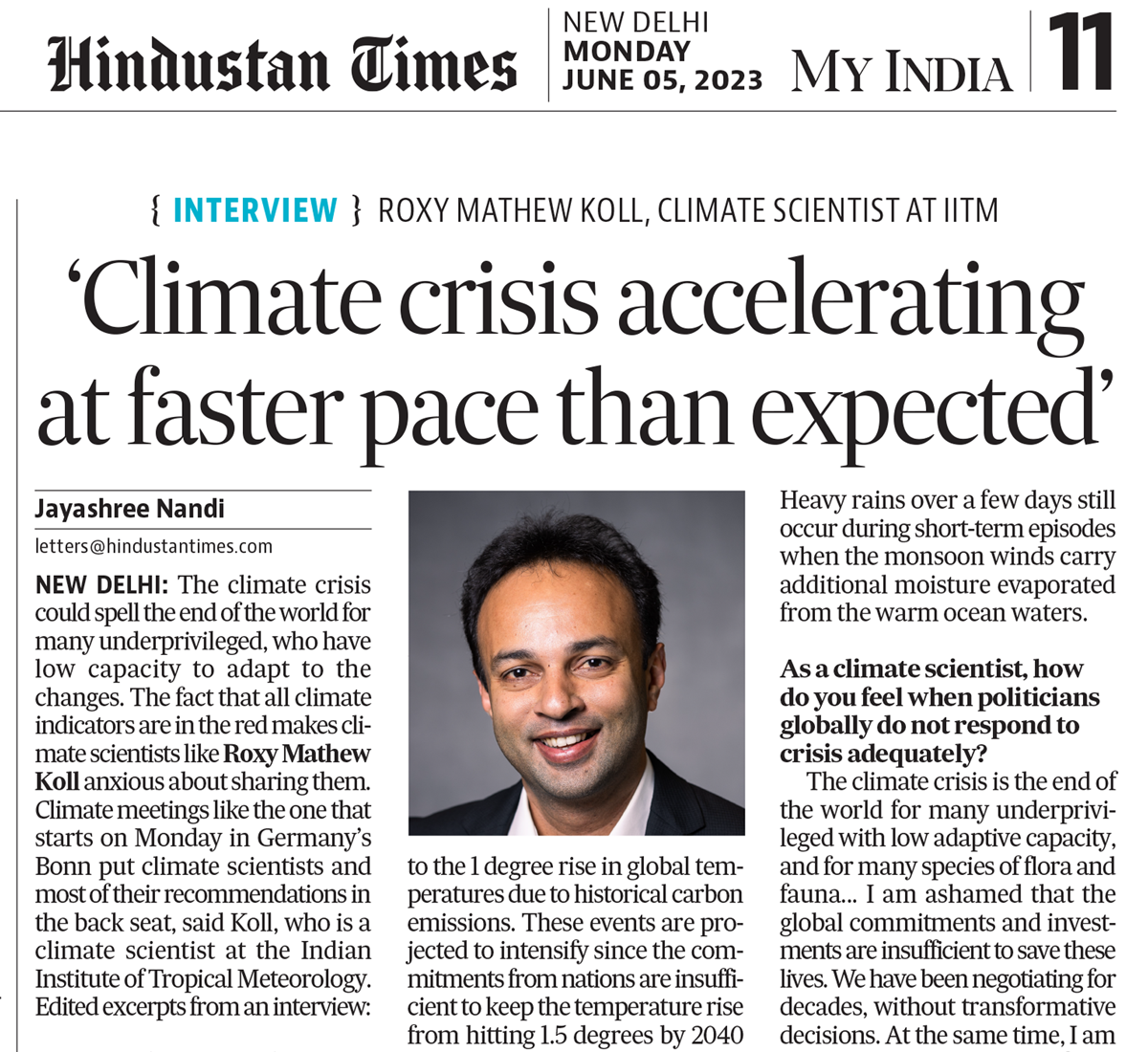 Climate crisis accelerating faster than expected. Interview with Roxy Mathew Koll in Hindustan Times.