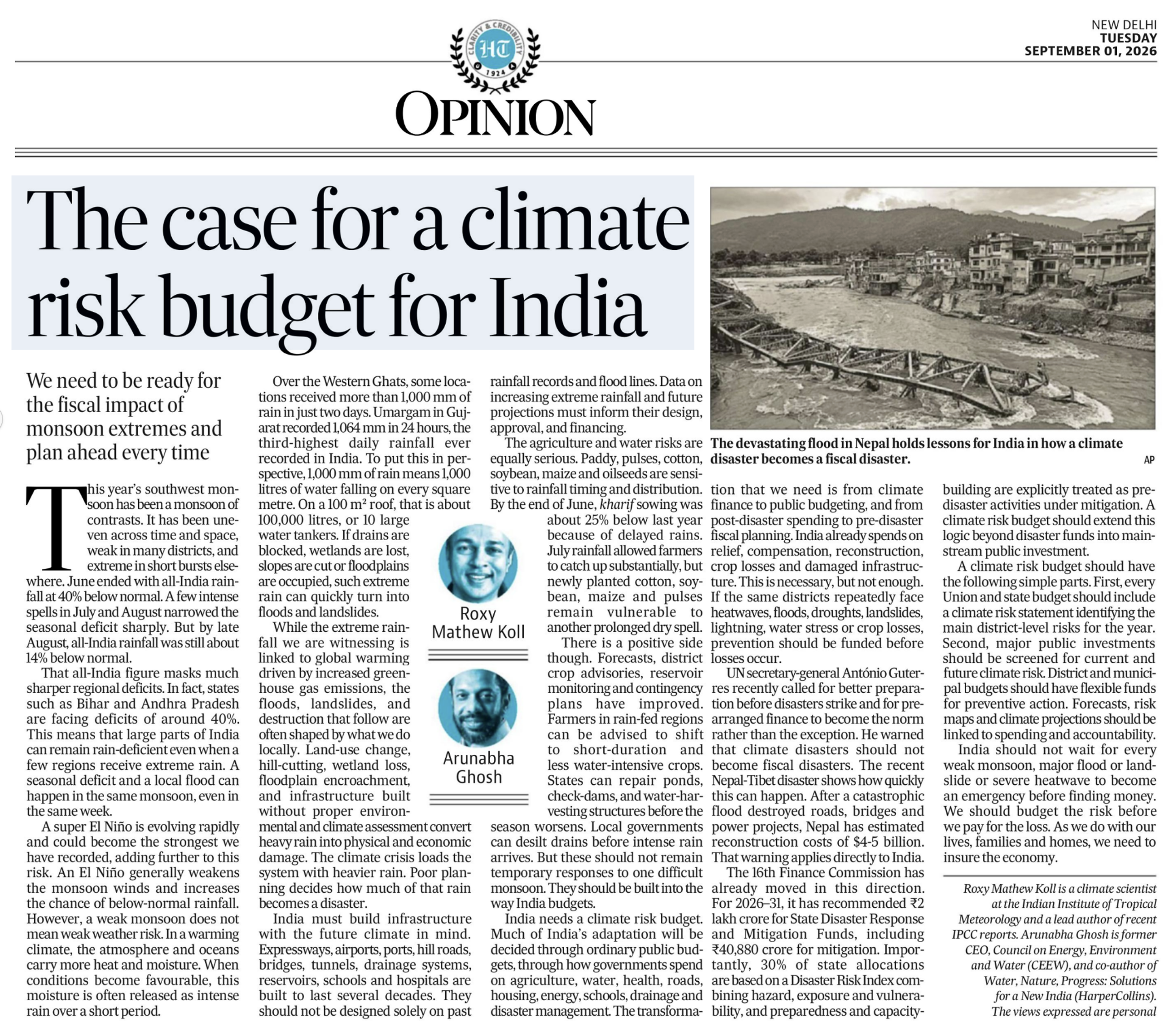 India needs a Climate Risk Budget. Op-Ed in Hindustan Times by Roxy Mathew Koll. 1Sep2026