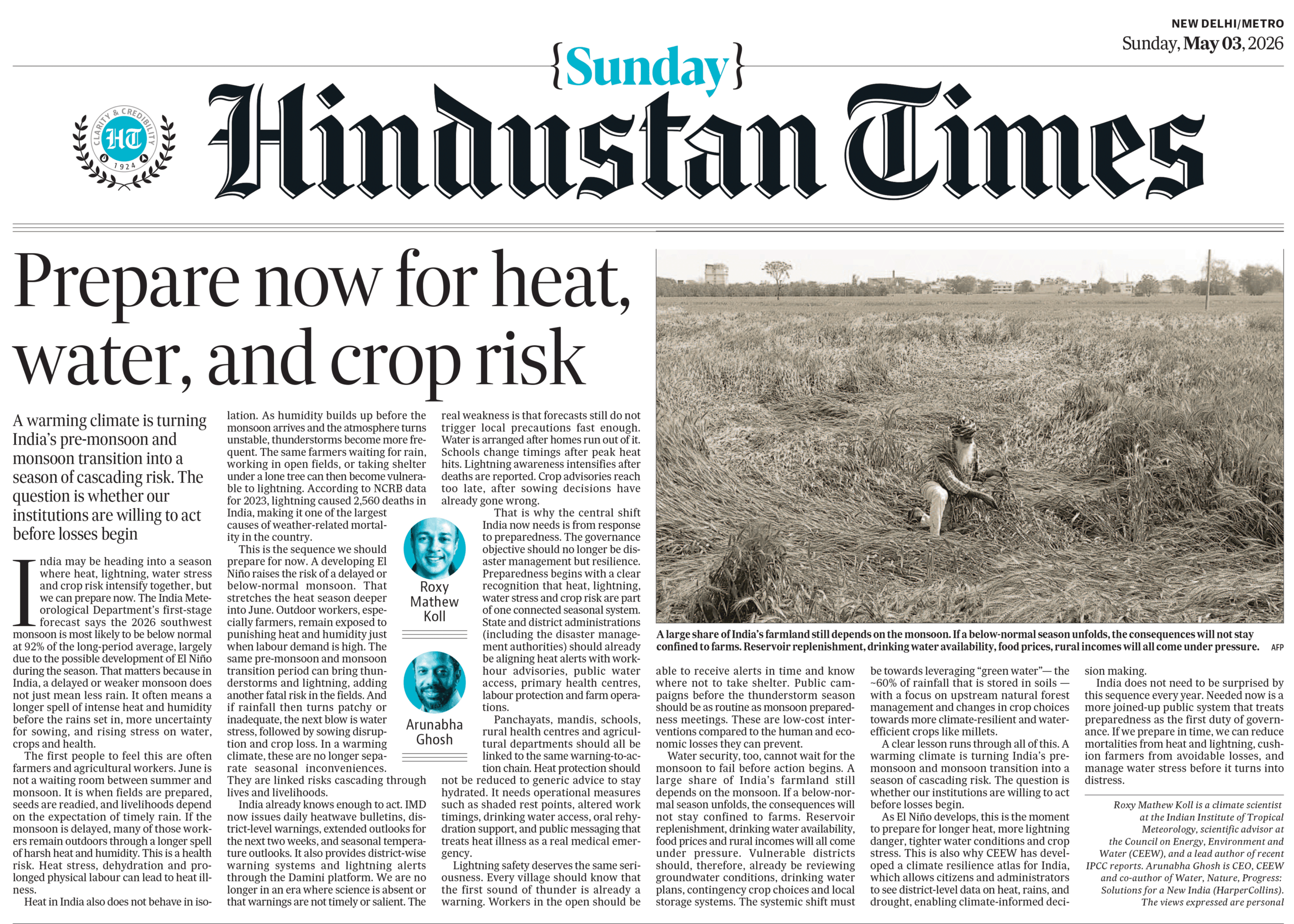 Prepare now for heat, water, and crop risk. Op-Ed in Hindustan Times by Roxy Mathew Koll and Arunabha Ghosh. 3May2026