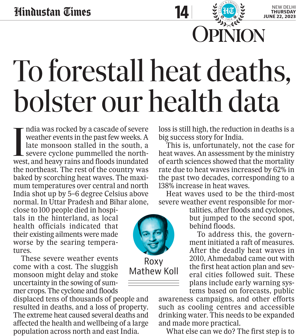 Heatwaves, human health, and deaths. Editorial by Roxy Mathew Koll in Hindustan Times.