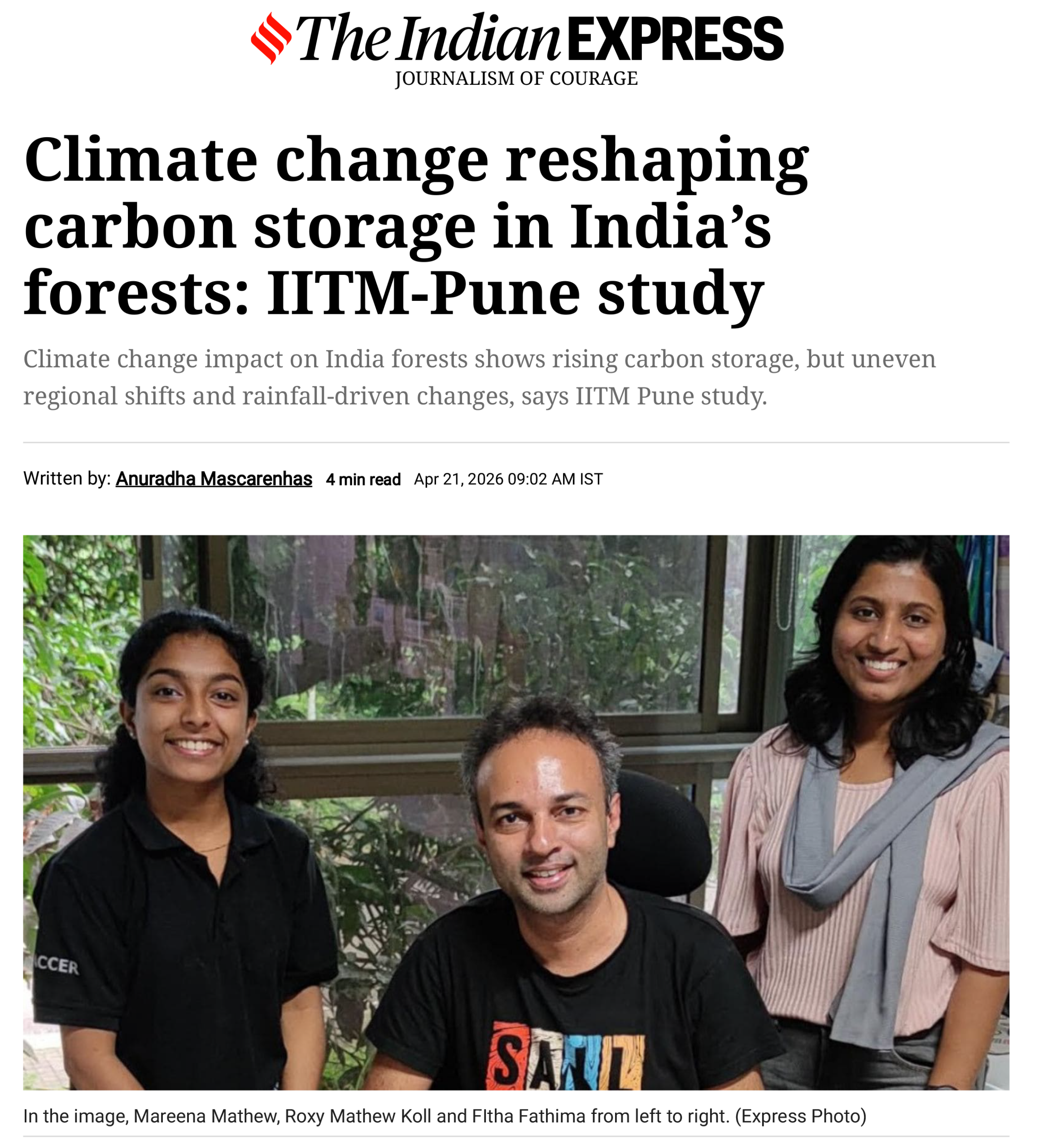 Carbon Stock in India's Forests, Indian Express, 22 April 2026