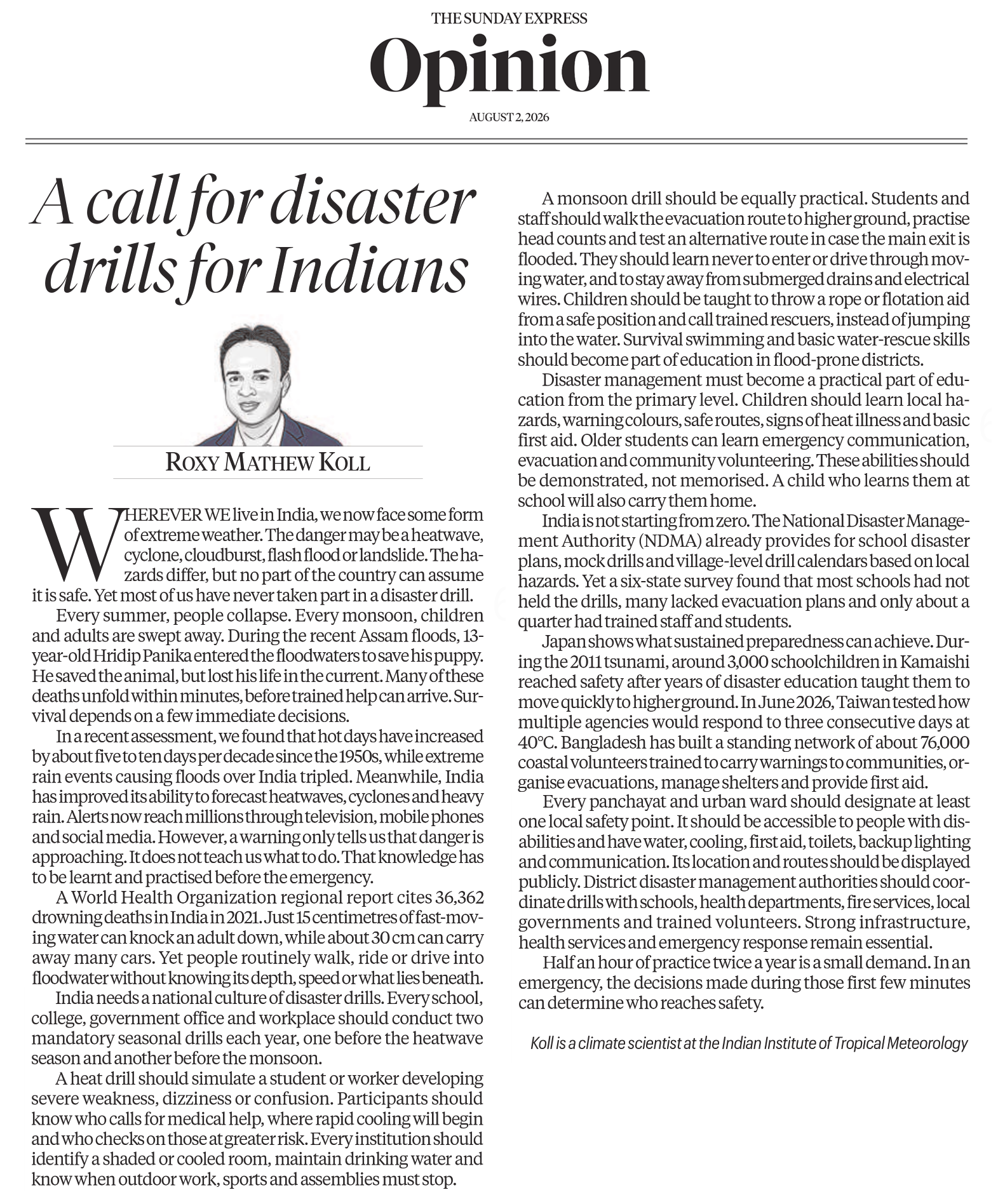 Disaster Drills in India. Op-Ed in The Indian Express by Roxy Mathew Koll. 2Aug2026