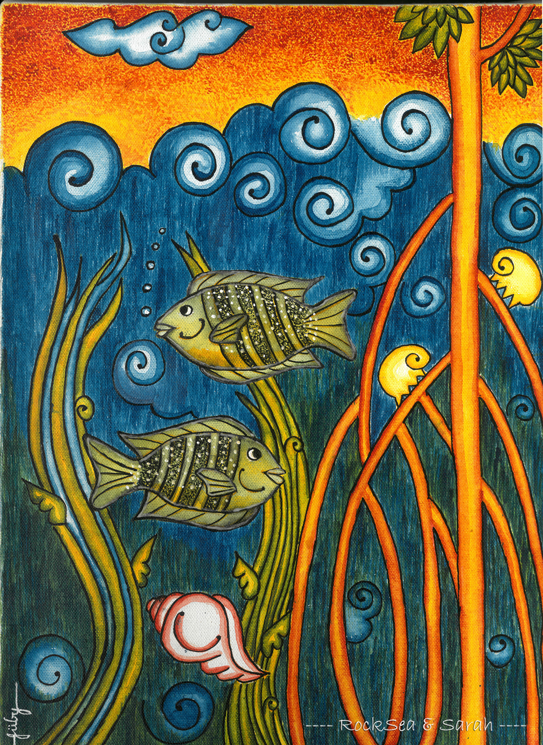 Kerala mural by Juby Aleyas Koll showing two pearl spot fish among mangrove roots, with waves and a blue cloud depicting Indian Ocean coastal life.