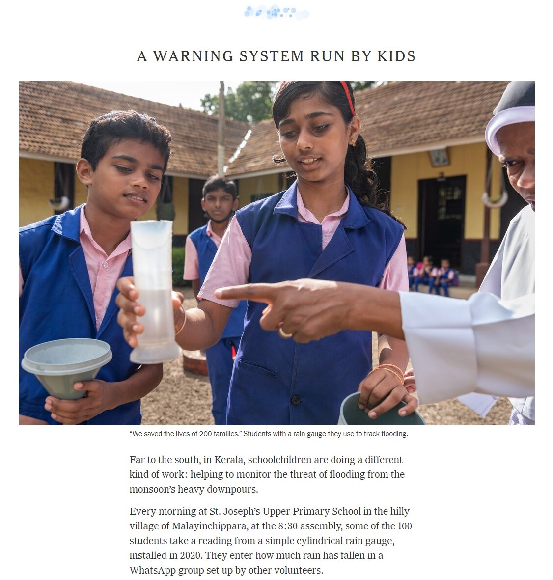 Monsoon Climate Monitoring and Warning through Schools and Colleges featured in The New York Times