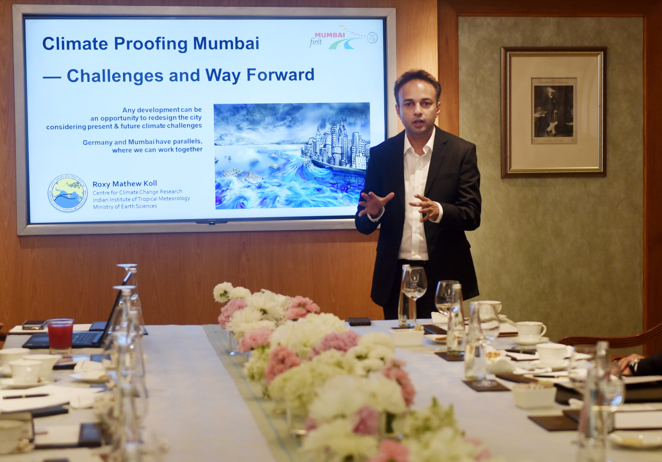 Roxy Mathew Koll at the Mumbai First roundtable meeting with the German Minister of Culture and Media, Claudia Roth, at the Taj Mahal Palace Hotel, Mumbai