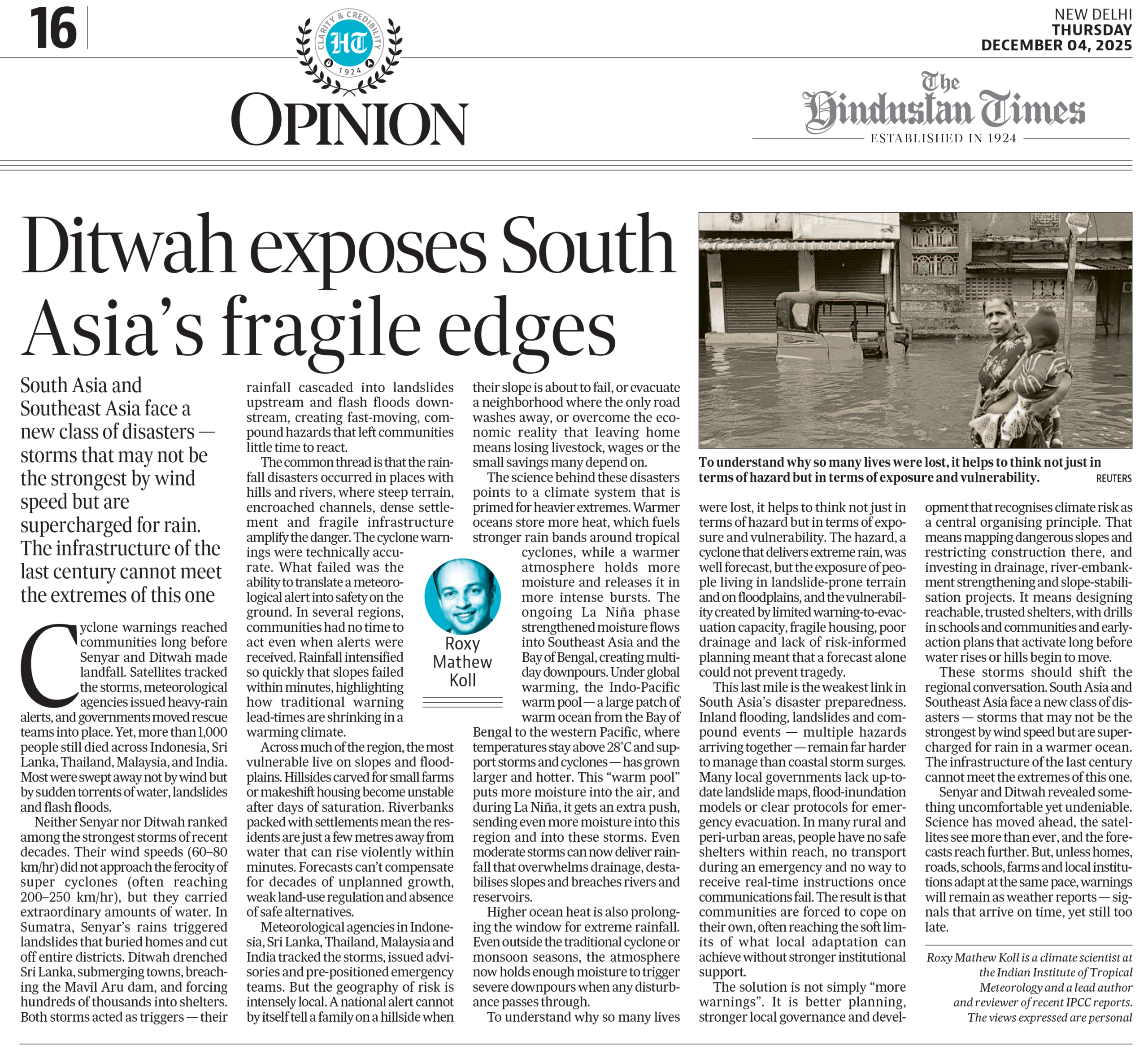 Cyclones Ditwah and Senyar impacts South Asia. Op-Ed in Hindustan Times by Roxy Mathew Koll. 4Dec2025