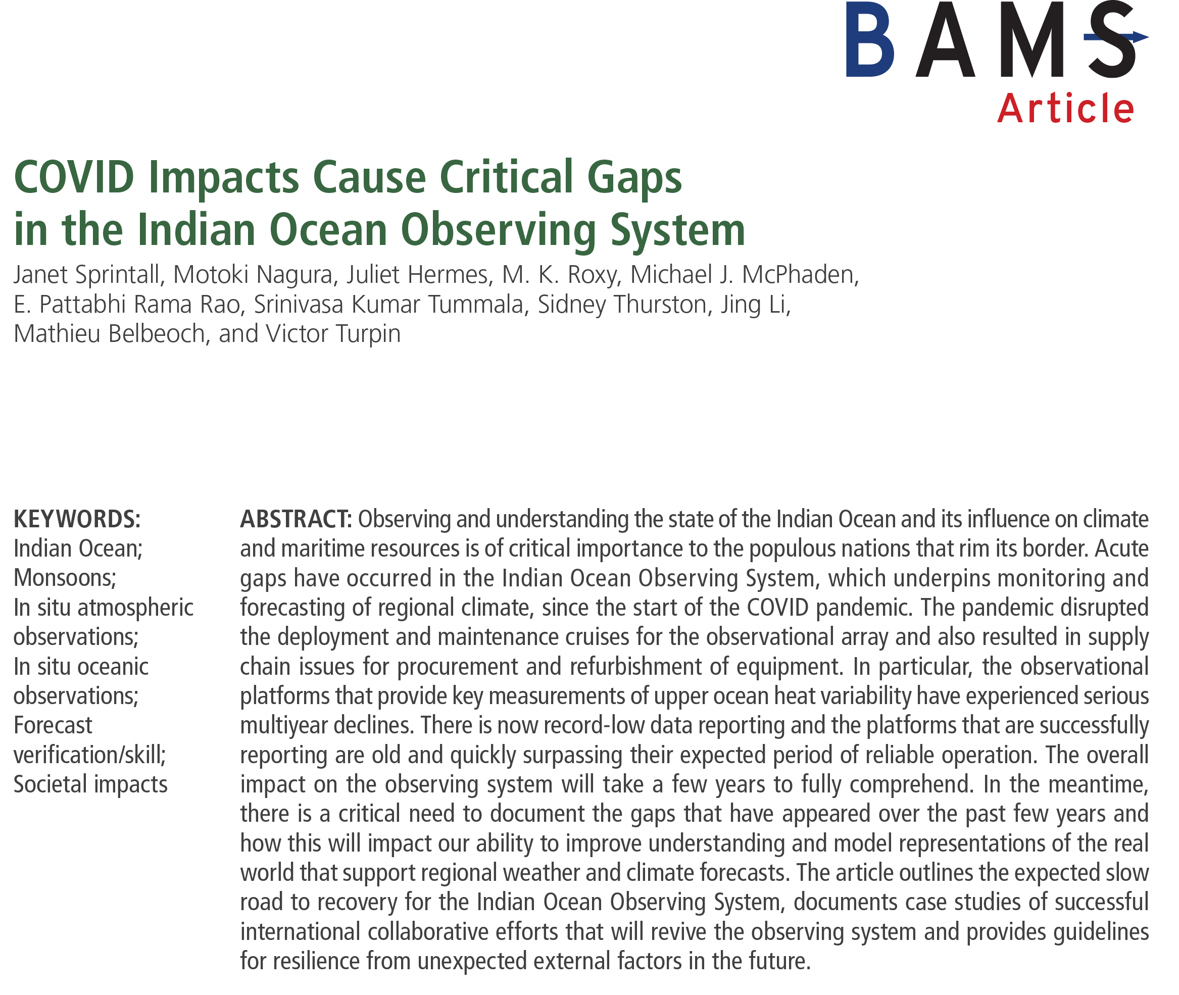 COVID Impacts Cause Critical Gaps in the Indian Ocean Observing System