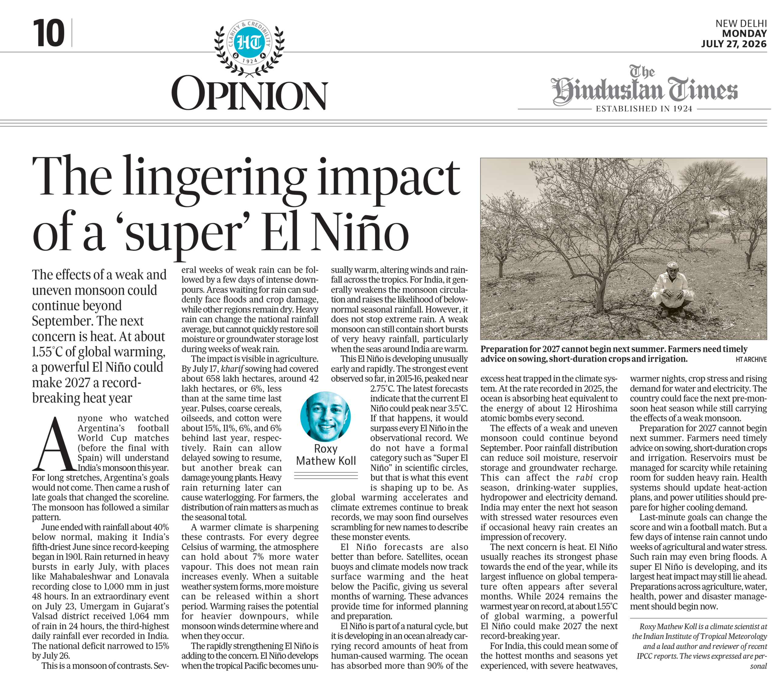 Super El Niño, Indian Monsoon, and Global Warming Records. Op-Ed in Hindustan Times by Roxy Mathew Koll. 27Jul2026