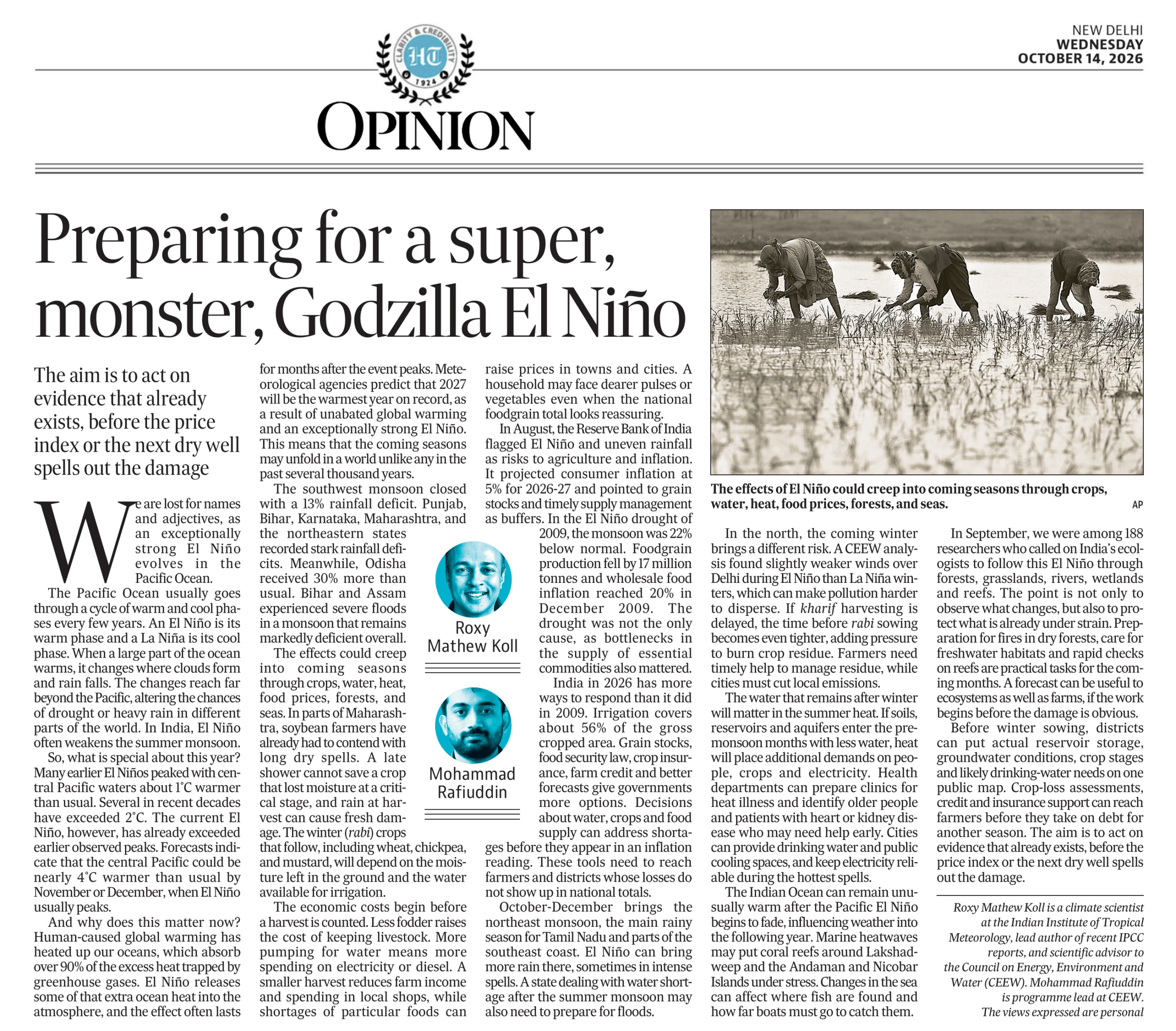 How to Prepare for a Super, Monster, Godzilla El Nino. Op-Ed in Hindustan Times by Roxy Mathew Koll and Mohammad Rafiuddin. 14Oct2026