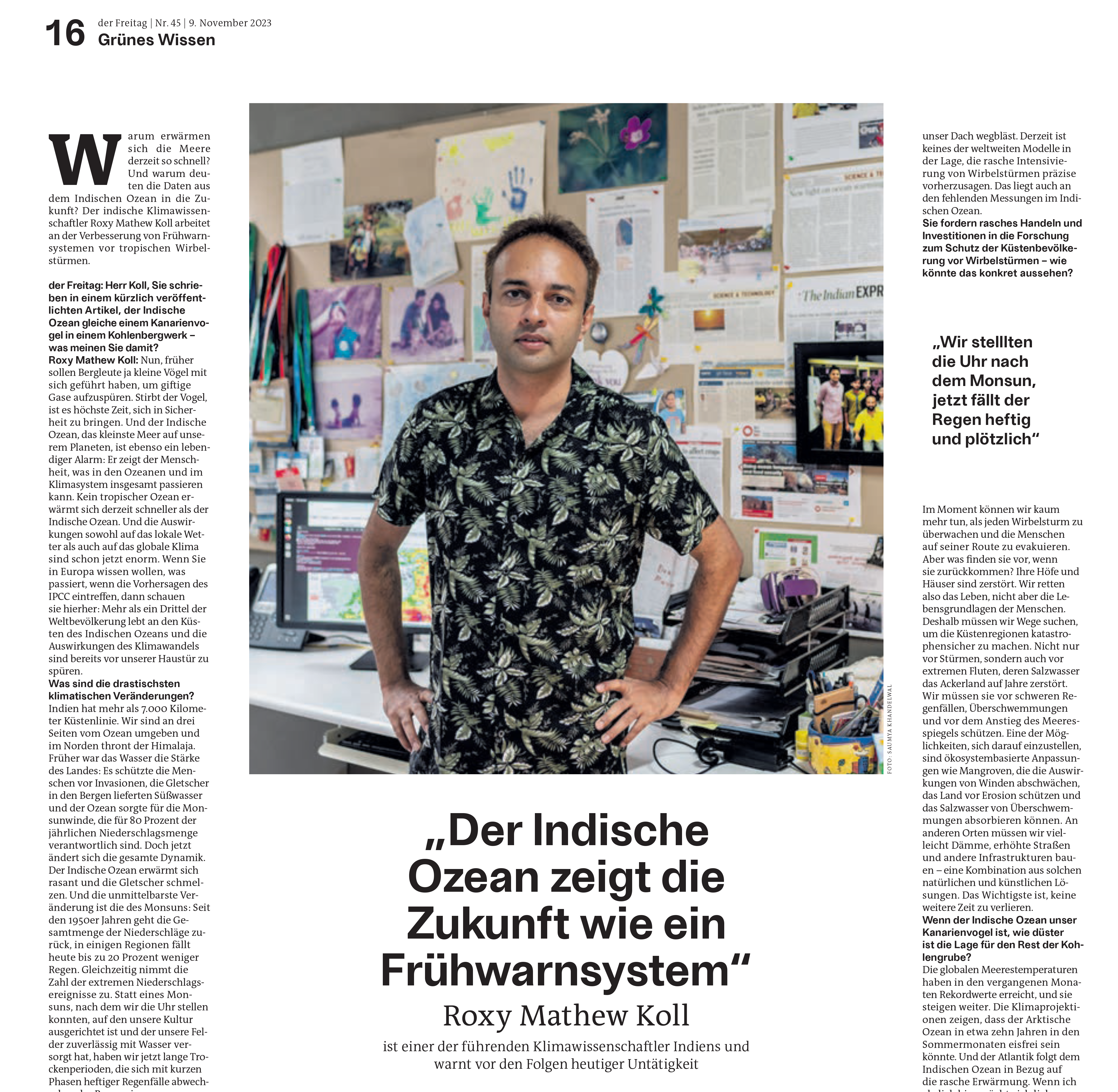 Julia Lauter interviews Roxy Mathew Koll for the German newspaper der Freitag, November 2023