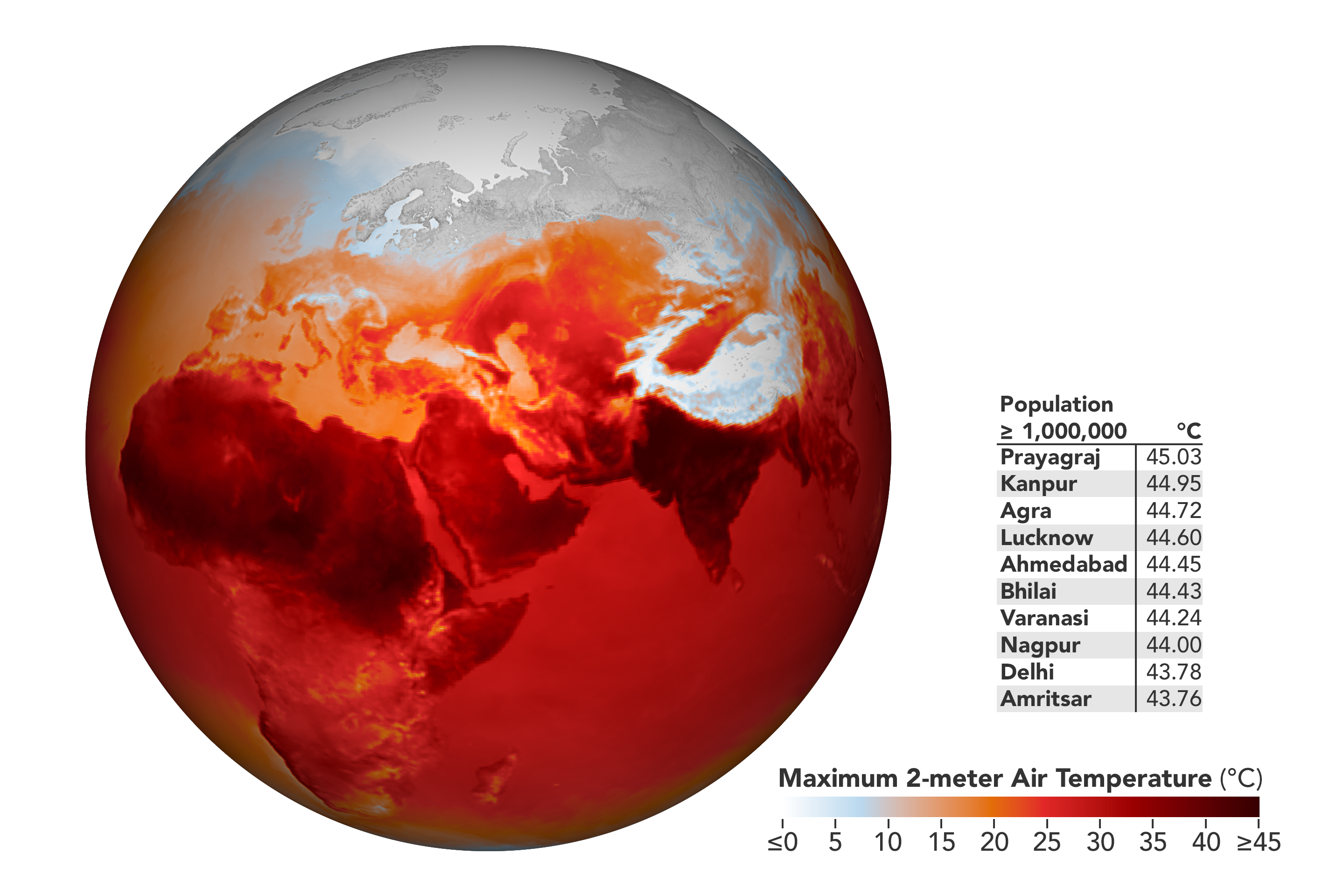 NASA Earth Observatory image showing heatwaves/air temperatures on April 27, 2022. Theyare derived from the Goddard Earth Observing System model, and represent air temperatures at 2 metres above the ground.