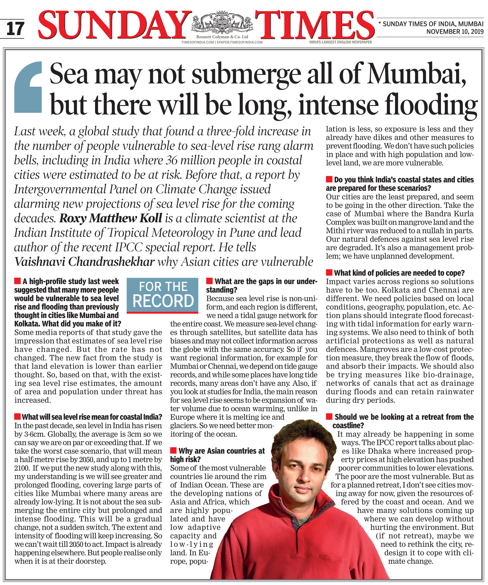 Times of India news interview with Roxy Mathew Koll on sea level rise over Mumbai