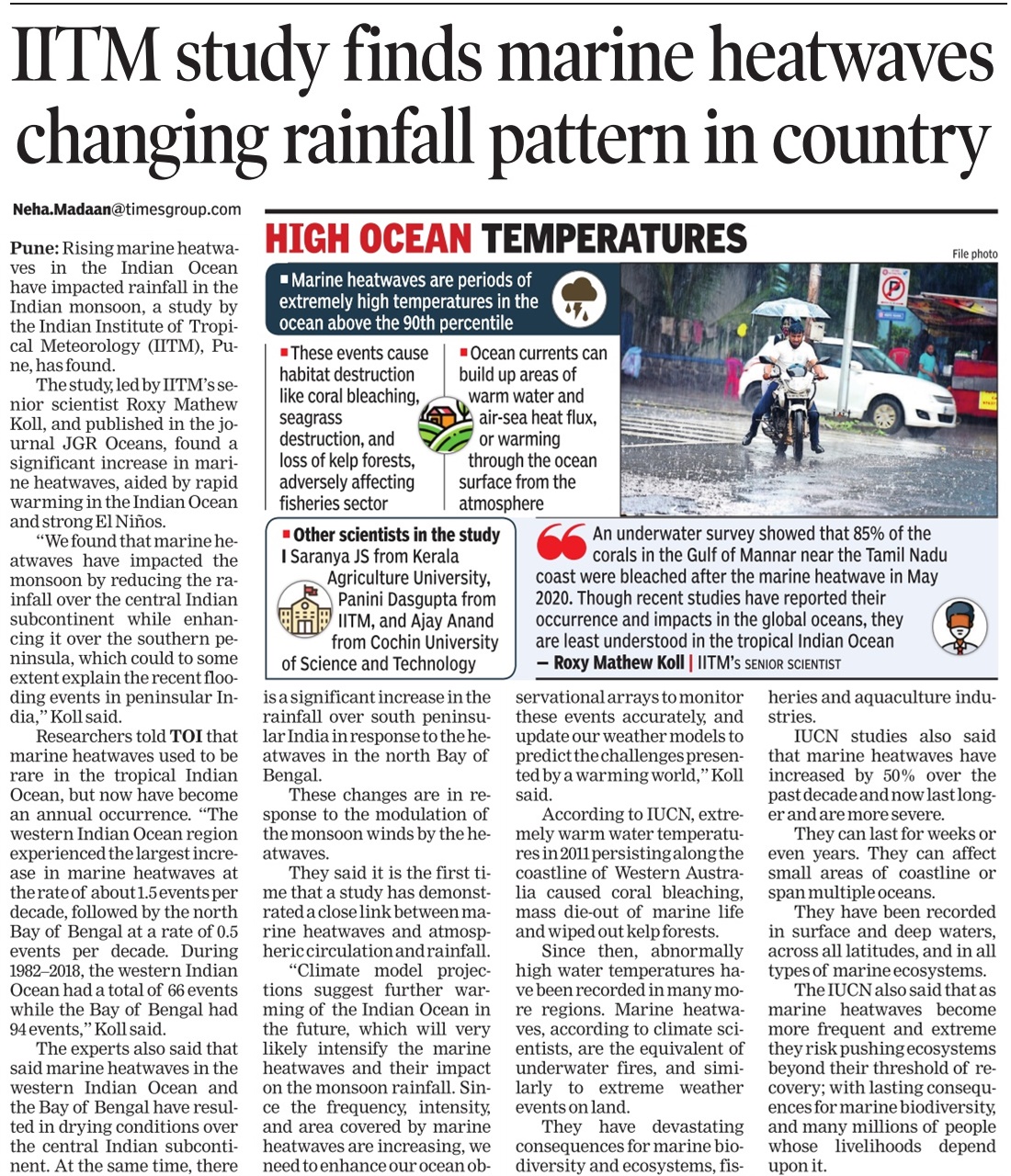 IITM study finds marine heatwaves changing rainfall pattern in country