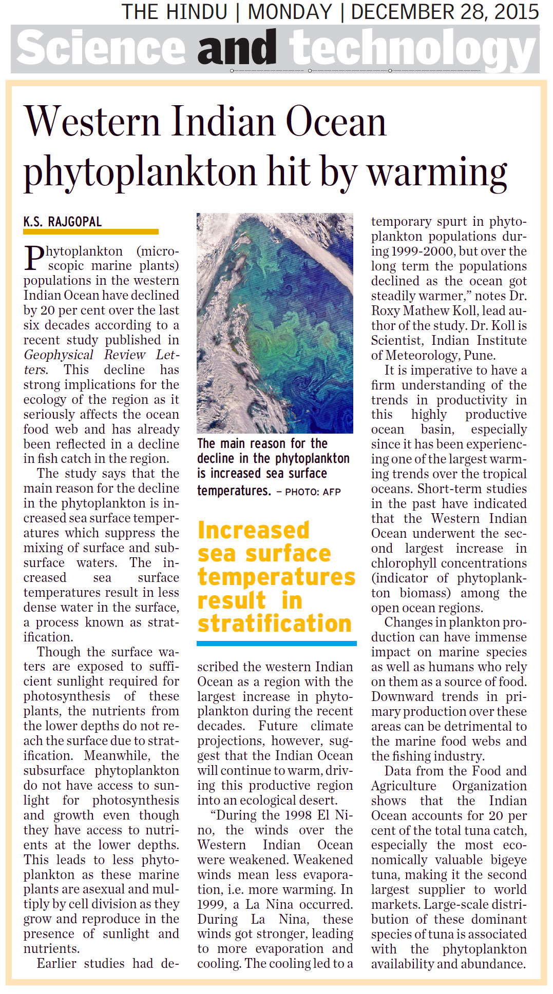 The Hindu Science & Technology—Western Indian Ocean phytoplankton hit by warming