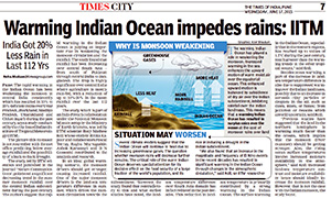 Times of India article on Warming Indian Ocean impedes rains: Indian Institute of Tropical Meteorology