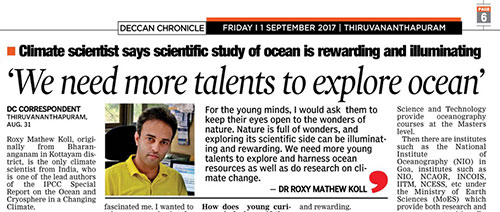 Roxy Mathew Koll IPCC interview in Deccan Chronicle on ocean sciences and drought