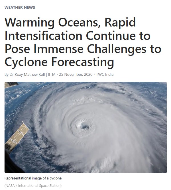 Cyclone Nivar in the Bay of Bengal and Rapid Intensification written for the Weather Channel by Roxy Mathew Koll