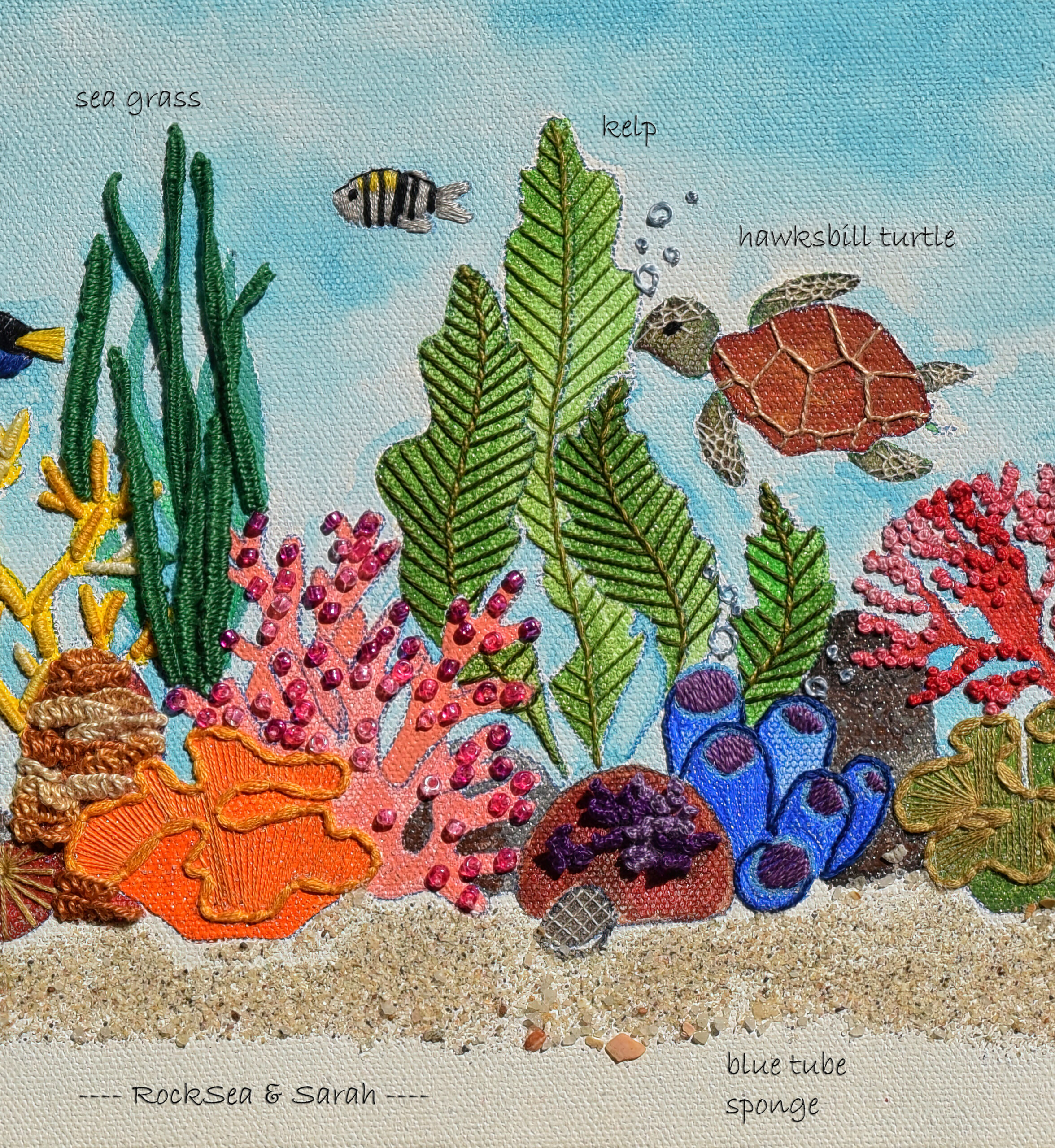 Hawksbill sea turtle, blue sea sponge, kelp, and sea grass, embroidered