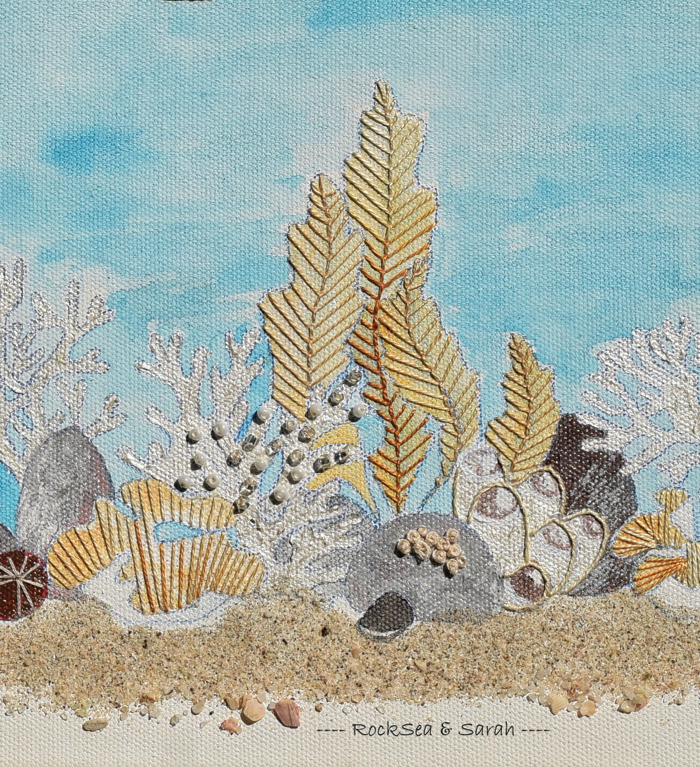 Hawksbill sea turtle, blue sea sponge, kelp, and sea grass under marine heatwave, embroidered