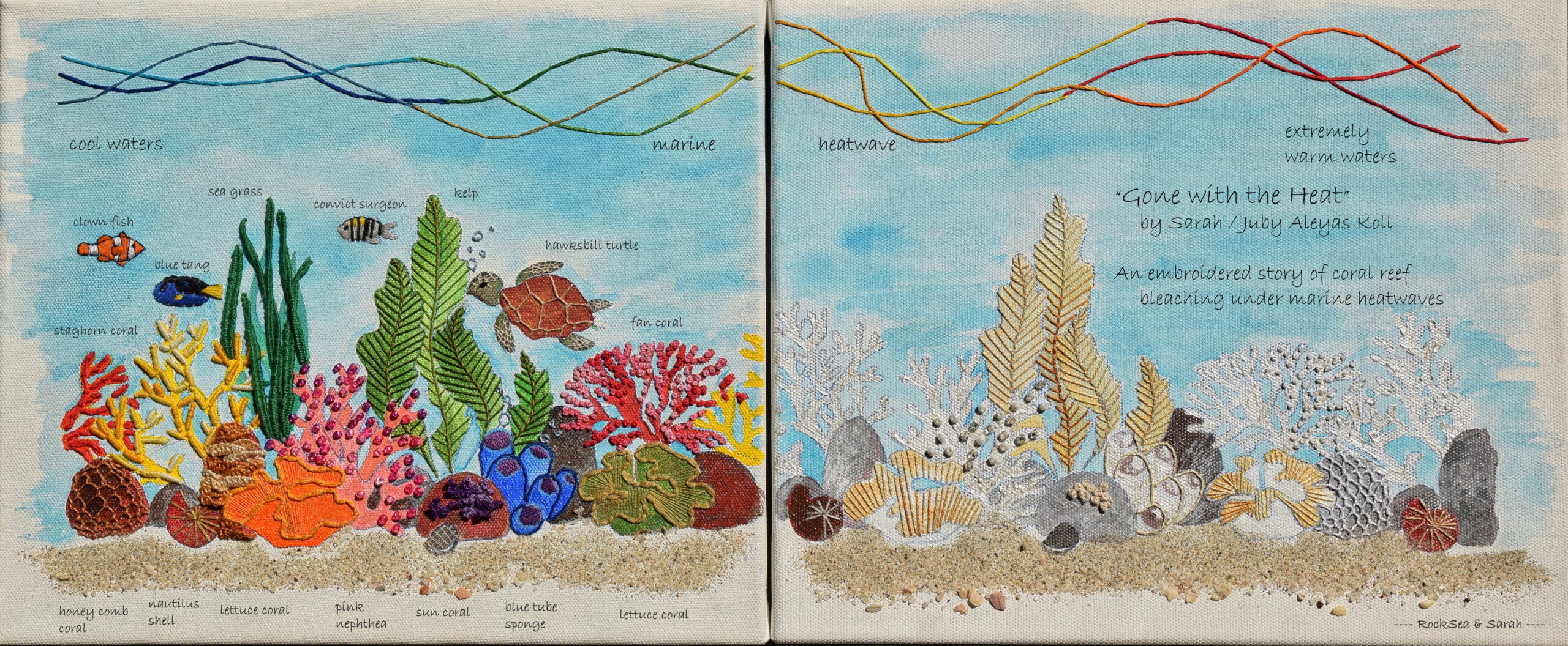 "Gone with the Heat", an embroidered story of coral reef bleaching under marine heatwaves, at the International Indian Ocean Science Conference 2024, Lombok, Indonesia